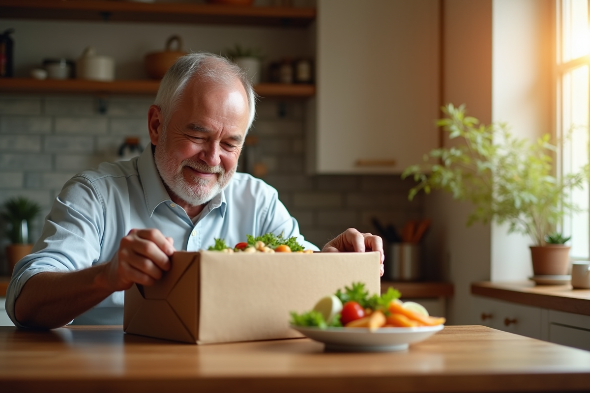 Homme d age moyen mangeant un repas livré dans sa cuisine