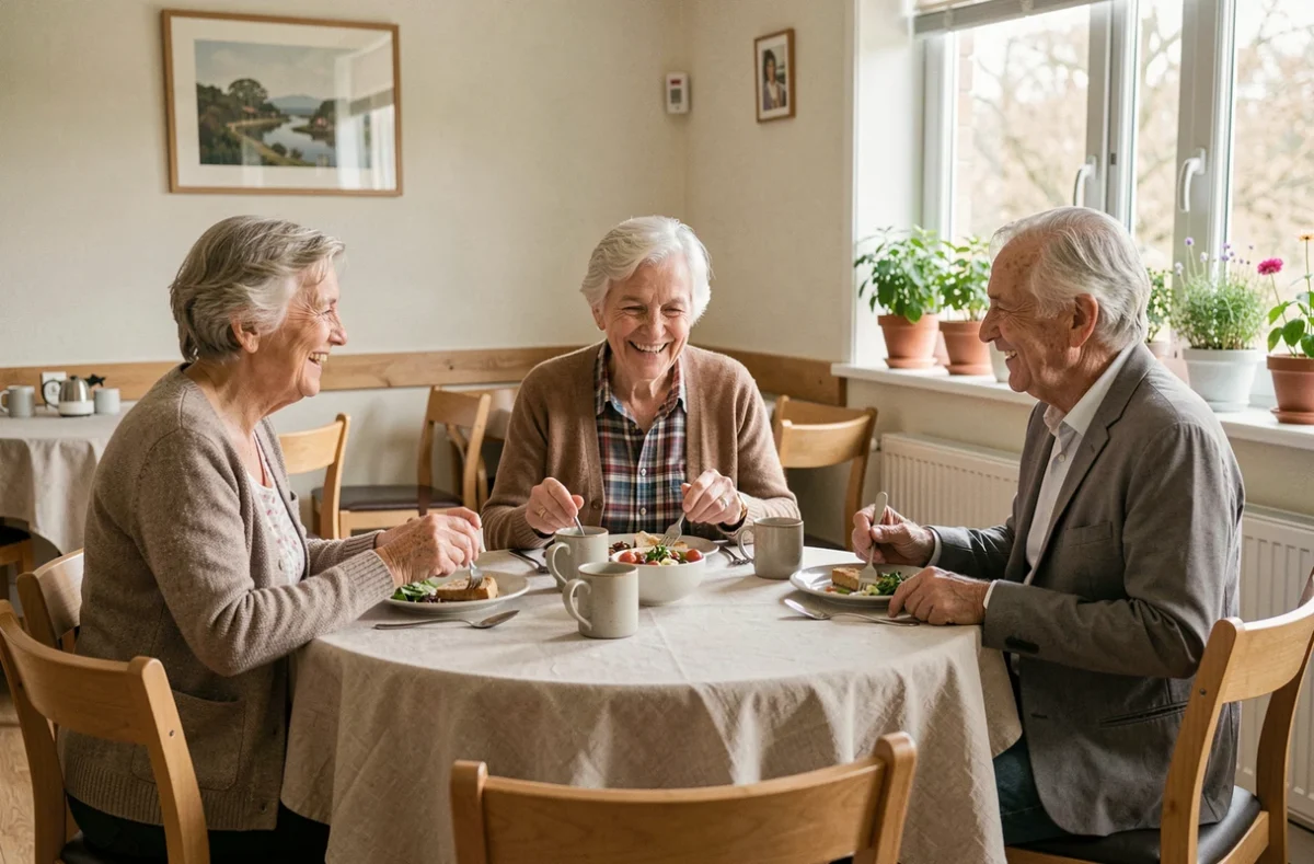 Résidents âgés partageant un repas convivial dans la salle à manger d'une maison de repos belge