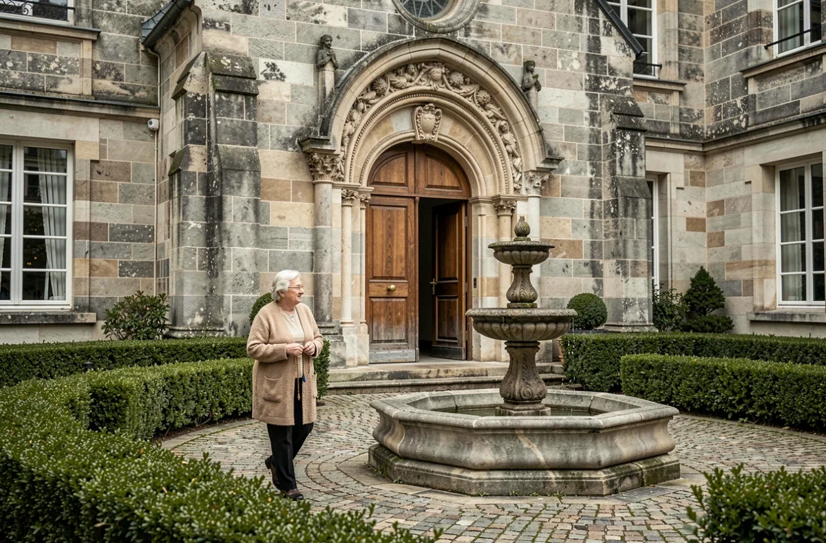 Cour patrimoniale et chapelle de la Résidence l'Assomption à Paris avec une résidente en promenade contemplative