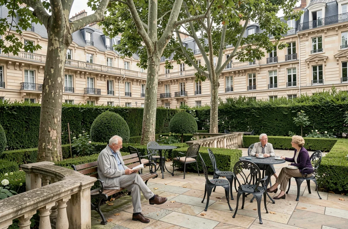 Terrasse jardins soignée de la Résidence Retraite Dosne-Thiers dans le 16e arrondissement de Paris
