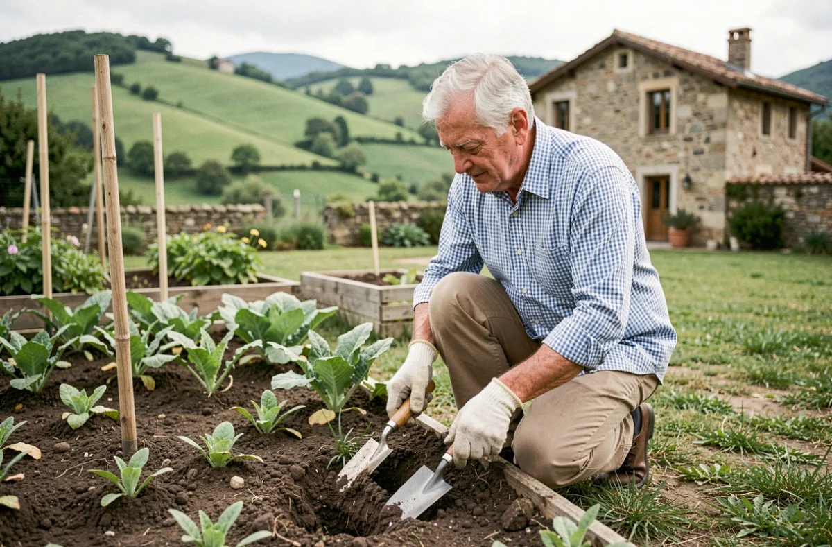 Résident senior jardinage dans le potager d'une résidence de l'Ain avec paysage verdoyant en arrière-plan