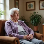 Résidente âgée en EHPAD Alzheimer assise dans un fauteuil confortable dans une salle commune lumineuse