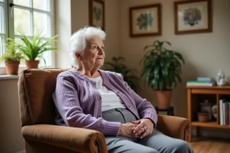 Résidente âgée en EHPAD Alzheimer assise dans un fauteuil confortable dans une salle commune lumineuse