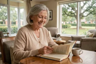 Résidente senior souriante lisant un livre dans le salon d'une résidence pour personnes âgées dans l'Ain