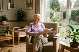 Résidente âgée lisant dans un fauteuil confortable dans une maison de repos belge moderne avec vue sur le jardin