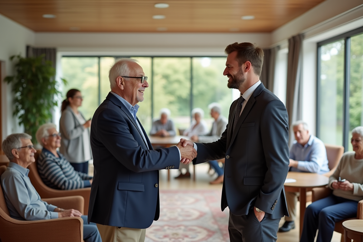 Resident et employé se serrant la main dans le salon