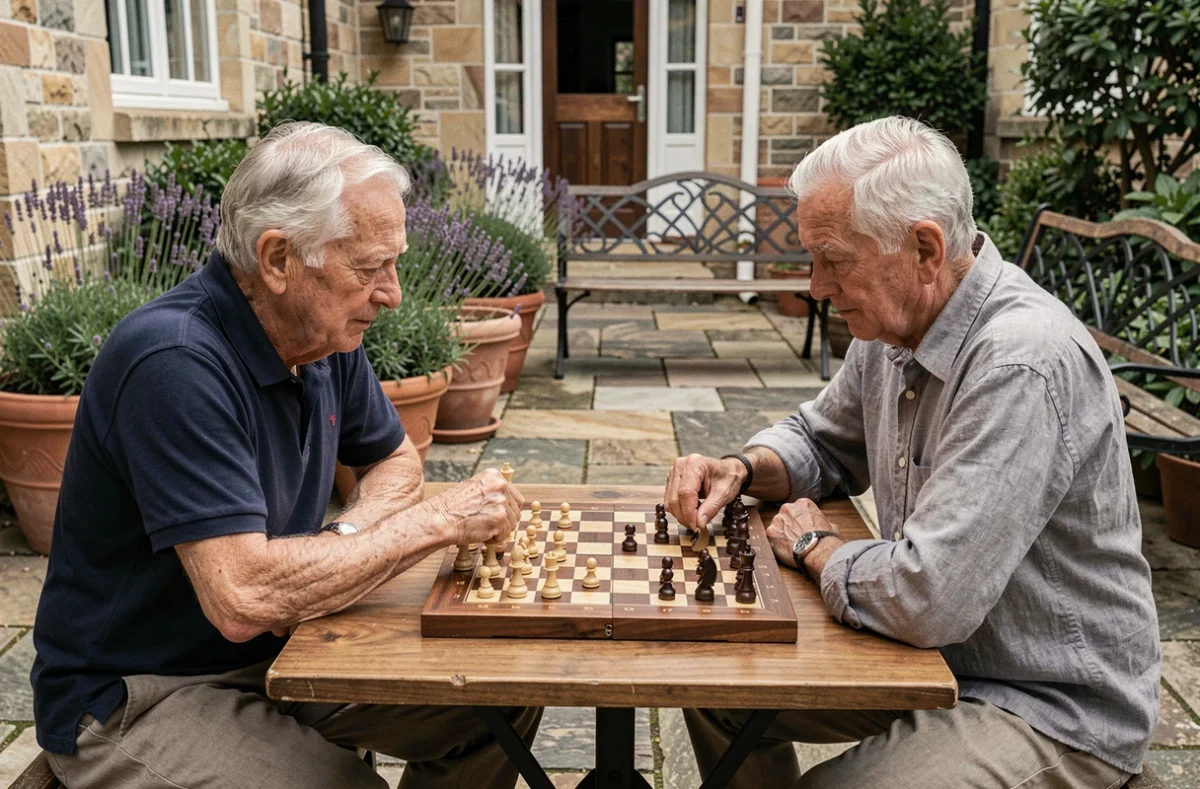 Deux résidents seniors jouant aux échecs dans la cour intérieure d'une résidence dans l'Ain