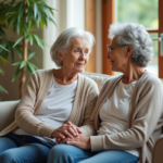 Femme âgée et sa fille dans un salon chaleureux