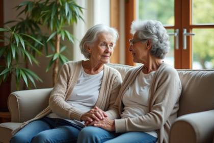 Femme âgée et sa fille dans un salon chaleureux
