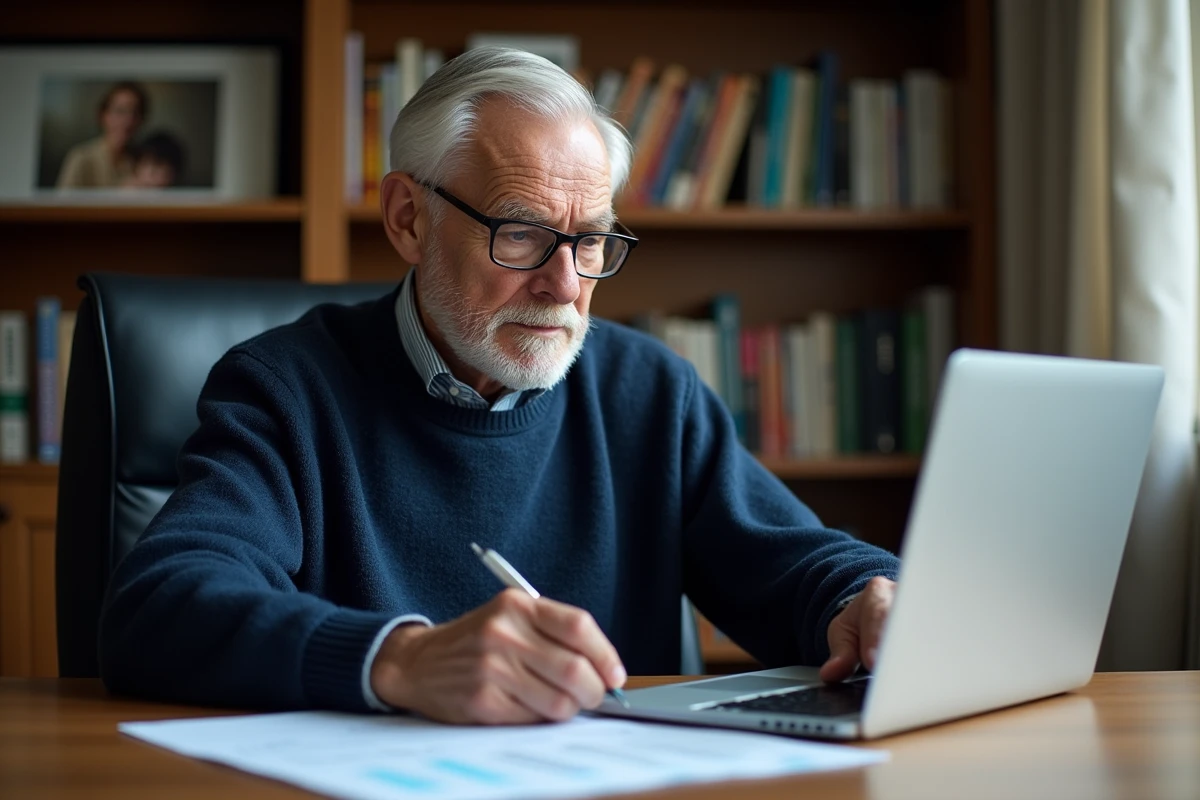 Retraité senior consultant un tableur sur ordinateur portable dans un bureau à domicile, face aux implications fiscales de la suppression de l'abattement sur les pensions