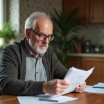 Homme retraité lit des documents fiscaux à la maison