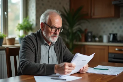 Homme retraité lit des documents fiscaux à la maison