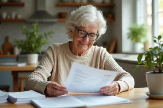 Femme retraitée détendue lisant ses documents financiers