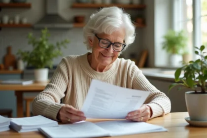 Femme retraitée détendue lisant ses documents financiers
