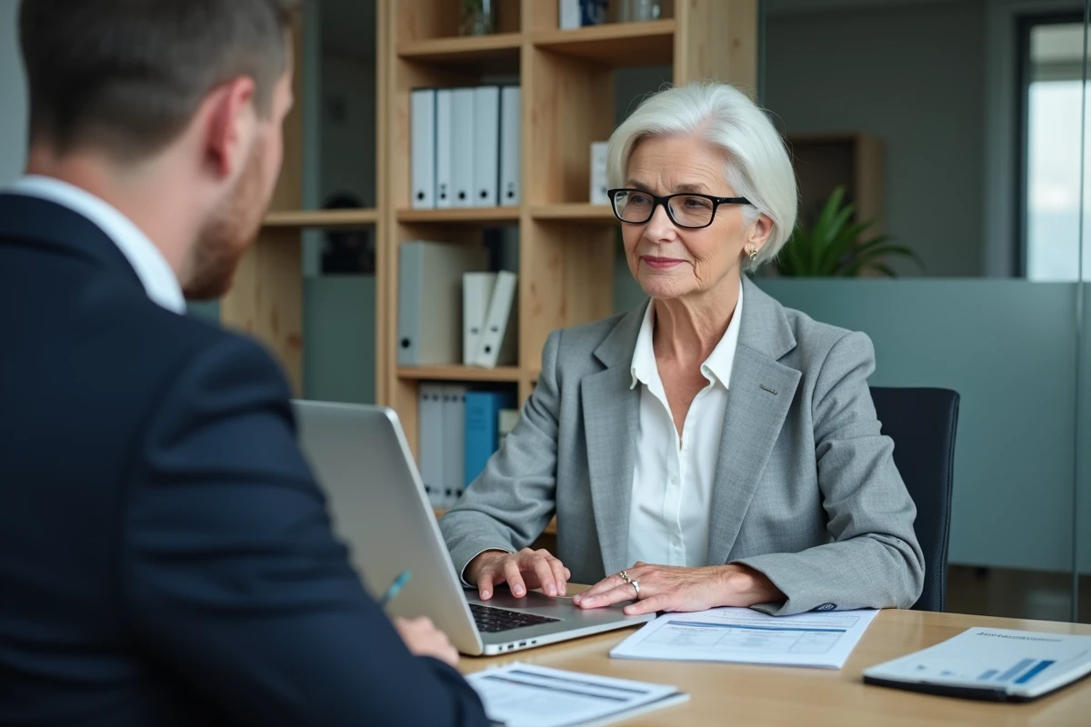 Femme retraitée en rendez-vous avec un conseiller financier pour comprendre les différences entre retraite de base et retraite complémentaire