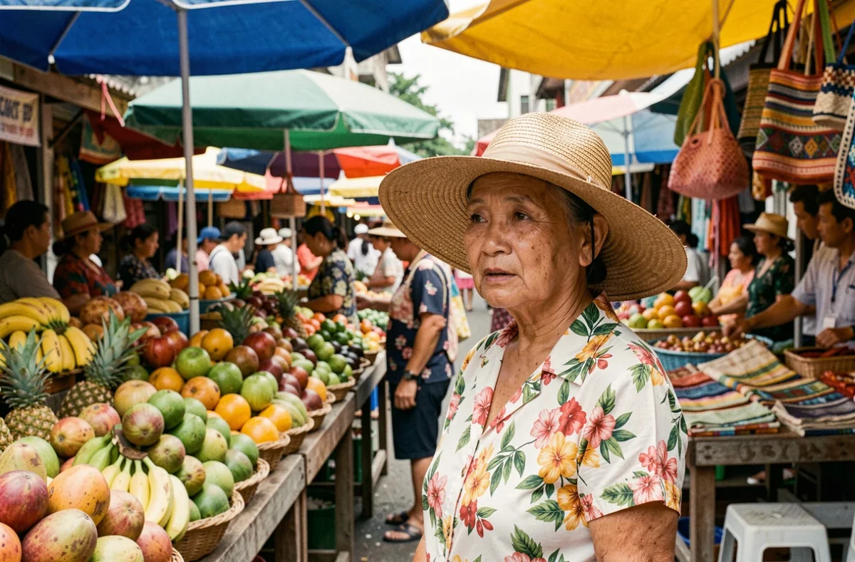 Retraitée occidentale explorant un marché traditionnel en Asie du Sud-Est lors de son expatriation