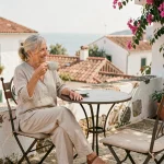 Retraitée profitant d'un café en terrasse dans un village méditerranéen ensoleillé à petit budget