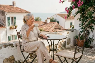 Retraitée profitant d'un café en terrasse dans un village méditerranéen ensoleillé à petit budget