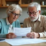 Couple de retraités examinant des documents fiscaux à la table de cuisine, illustrant l'inquiétude face à la suppression de l'abattement fiscal de 10% sur les retraites