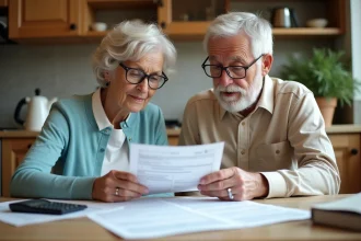 Couple de retraités examinant des documents fiscaux à la table de cuisine, illustrant l'inquiétude face à la suppression de l'abattement fiscal de 10% sur les retraites