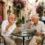 Couple de retraités expatriés savourant un café en terrasse dans une ville côtière méditerranéenne