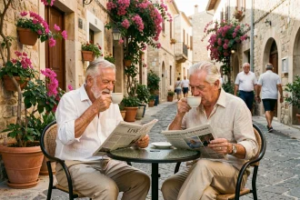 Couple de retraités expatriés savourant un café en terrasse dans une ville côtière méditerranéenne