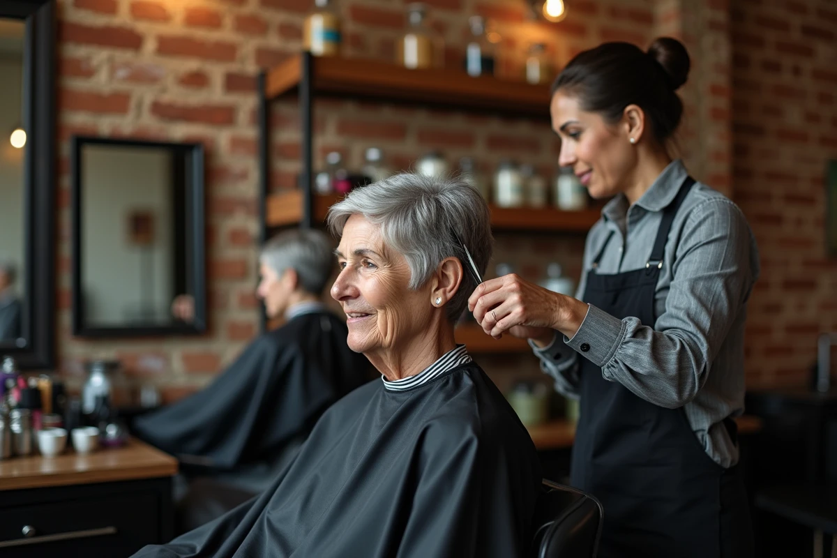 Coiffeuse affinant une coupe courte en couches sur une femme âgée aux cheveux gris dans un salon de coiffure authentique
