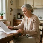 Femme âgée autonome révisant des documents d'aide à domicile dans son appartement lillois
