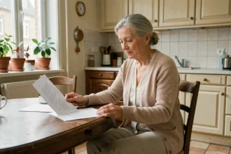 Femme âgée autonome révisant des documents d'aide à domicile dans son appartement lillois