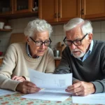 Couple senior examinant des documents fiscaux dans la cuisine