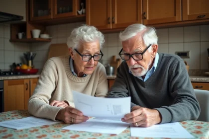 Couple senior examinant des documents fiscaux dans la cuisine