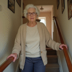 Femme âgée descend un escalier dans une maison chaleureuse
