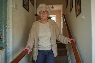 Femme âgée descend un escalier dans une maison chaleureuse