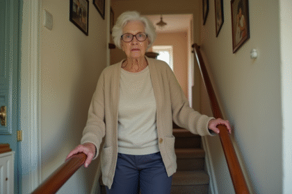 Femme âgée descend un escalier dans une maison chaleureuse
