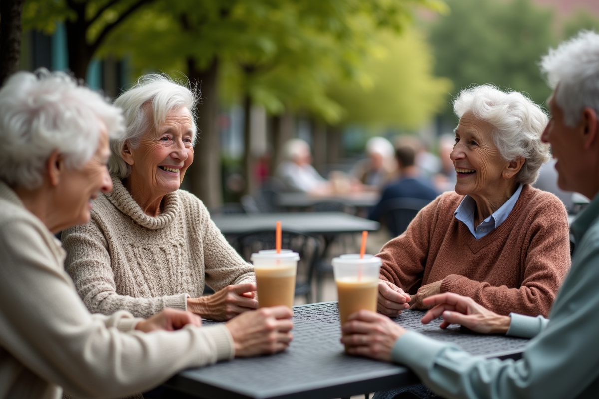 Seniors discutant et riant sur la terrasse d