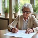 Femme senior lisant attentivement un contrat de résidence senior avant de le signer
