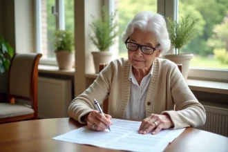 Femme senior lisant attentivement un contrat de résidence senior avant de le signer