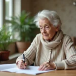 Femme âgée lisant des documents dans un salon lumineux