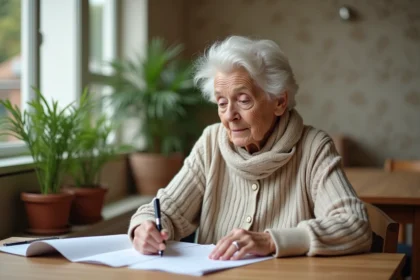 Femme âgée lisant des documents dans un salon lumineux
