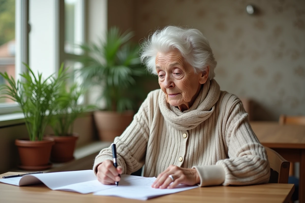 Femme âgée lisant des documents dans un salon lumineux