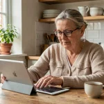 Femme senior utilisant une tablette numérique pour accéder à un service d'accompagnement à domicile
