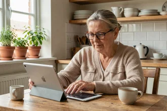 Femme senior utilisant une tablette numérique pour accéder à un service d'accompagnement à domicile