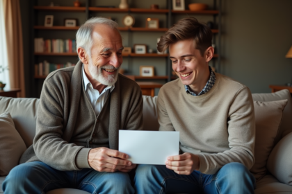 Un homme âgé souriant donne une enveloppe à son petit-fils