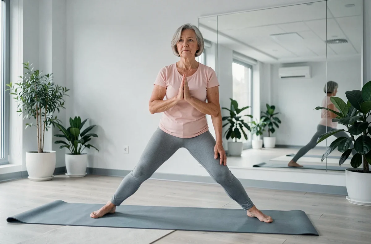 Résidente senior pratiquant des exercices de gym douce dans la salle de bien-être d'une résidence dans l'Ain