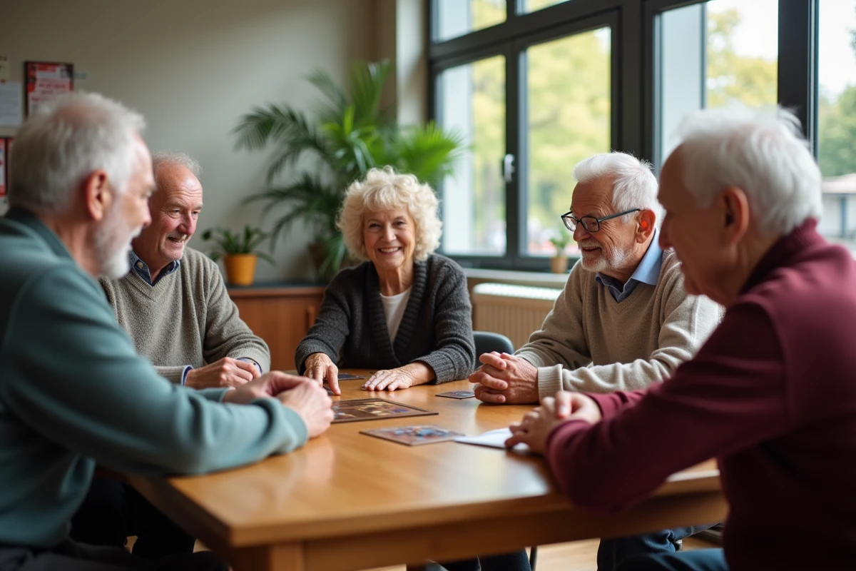 Groupe de seniors jouant à un jeu de société en centre communautaire