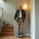 Homme age souriant utilisant un monte-escalier portable chez lui