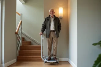 Homme age souriant utilisant un monte-escalier portable chez lui