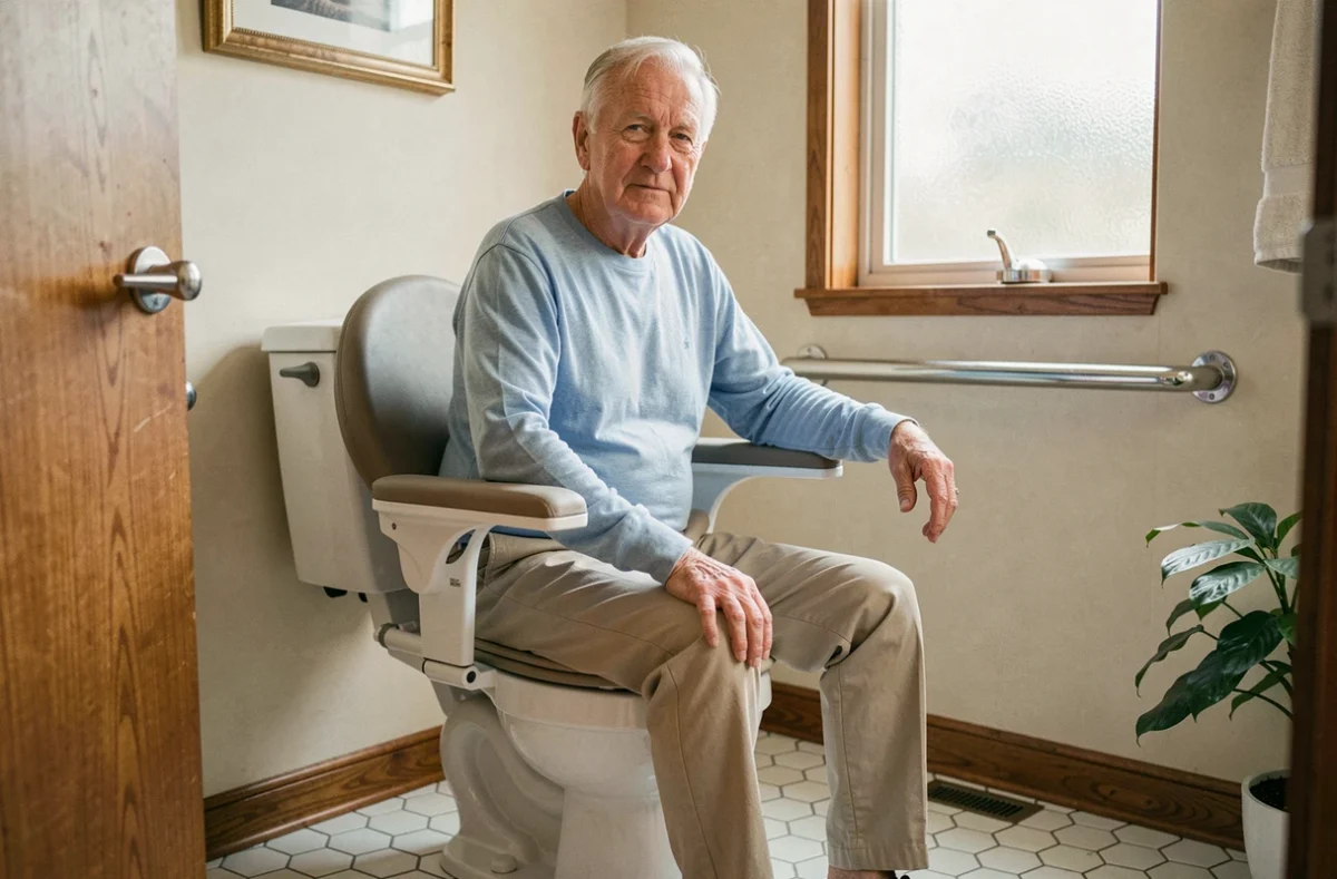 Personne âgée utilisant un WC rehaussé avec accoudoirs dans une salle de bain rénovée et sécurisée, barre d'appui visible au mur