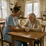 Une aide à domicile accompagnant une personne âgée dans une cuisine traditionnelle du Nord de la France, illustrant les services d'aide à domicile dans la région