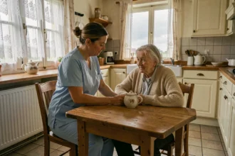 Une aide à domicile accompagnant une personne âgée dans une cuisine traditionnelle du Nord de la France, illustrant les services d'aide à domicile dans la région